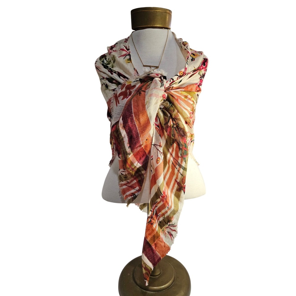 J. Jill Womens Floral Plaid Mixed Print Oversized Triangle Scarf Orange Cream‎